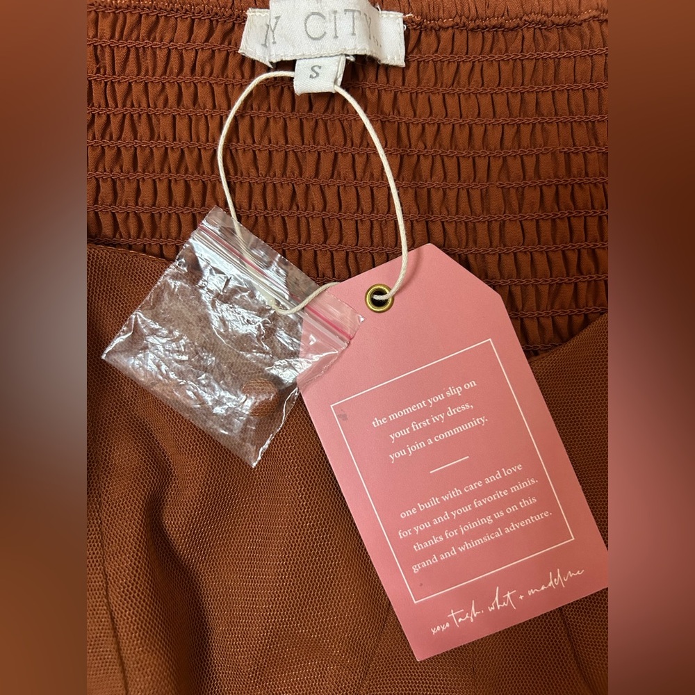 Ivy City Co. Dress NWT S Florence Midi Rust Tulle Sweatheart Smocked Puff Sleeve - Picture 10 of 10